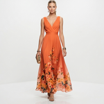 Orange chiffon floral maxi dress with V-neckline and sleeveless gathered skirt