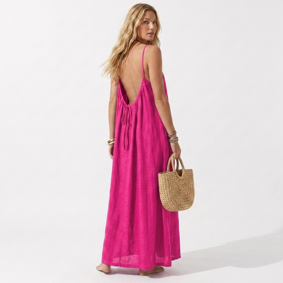 Lightweight bright pink summer dress with spaghetti straps and tie front, maxi length