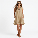 Georgiana short dress, sleeveless beige with quarter-zip neckline and ruffled hem