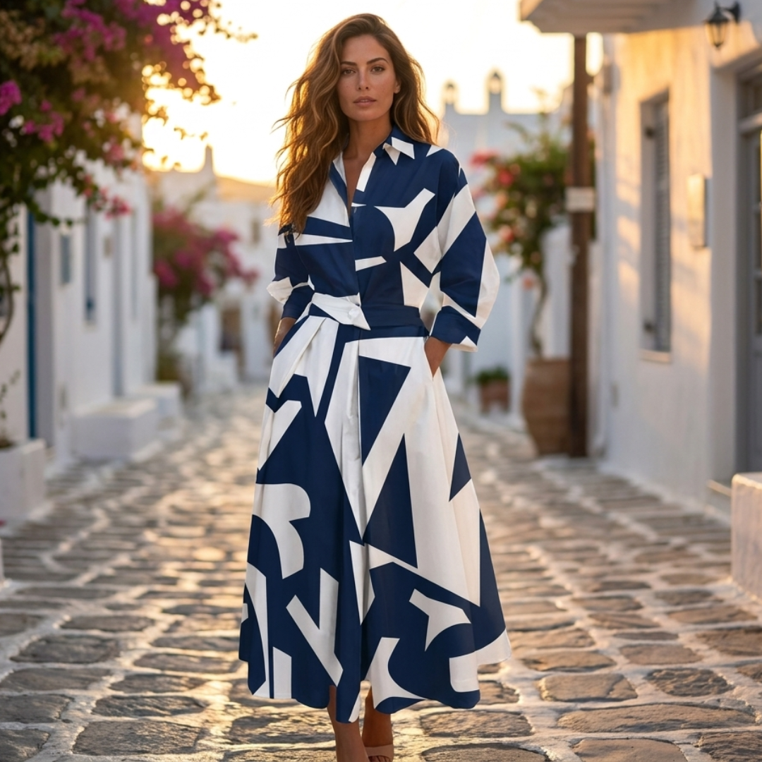 Elegant cotton dress with pointed collar, long sleeves, navy and white abstract print