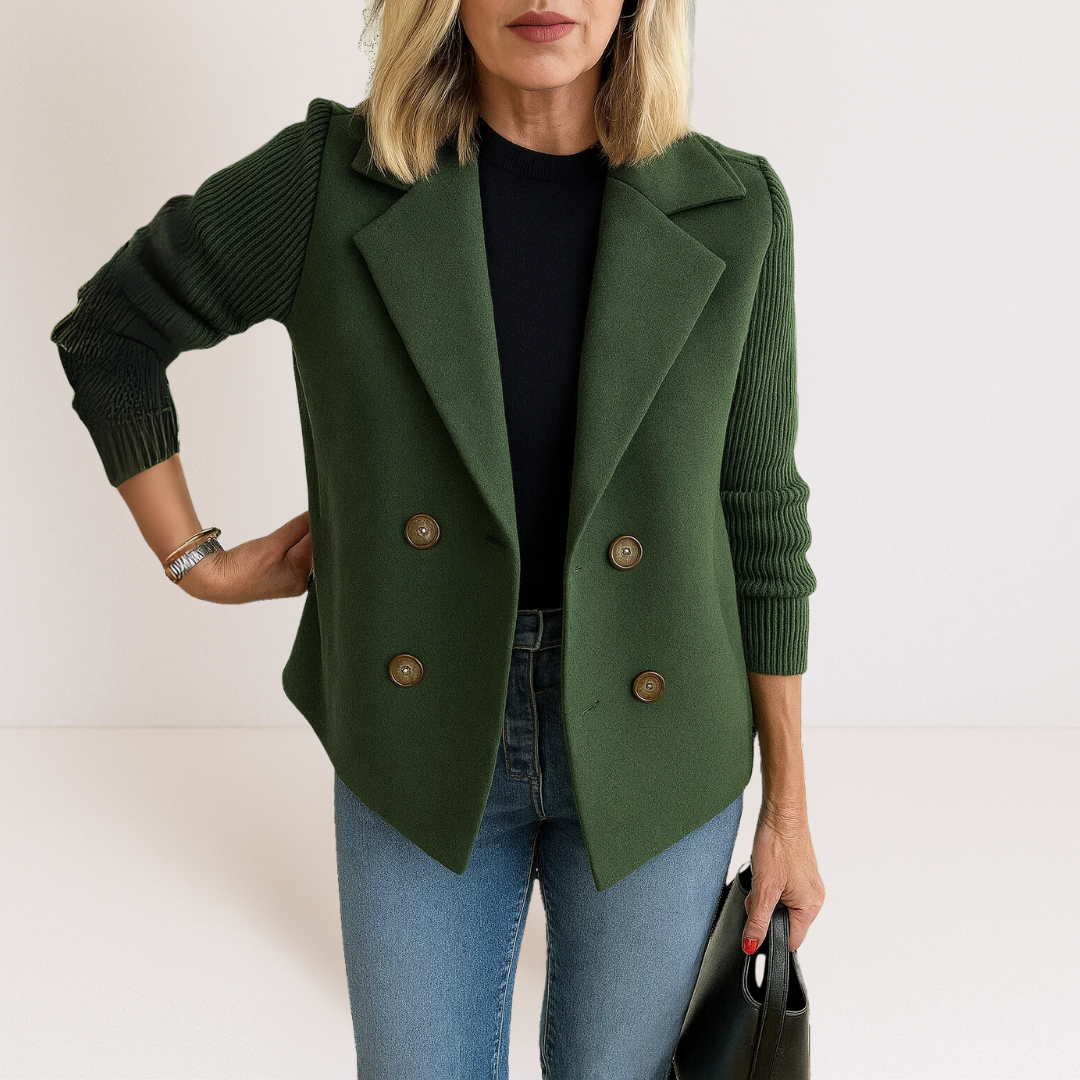 Green casual blazer with notch lapels, ribbed sleeves, and four-button front