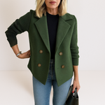 Green casual blazer with notch lapels, ribbed sleeves, and four-button front