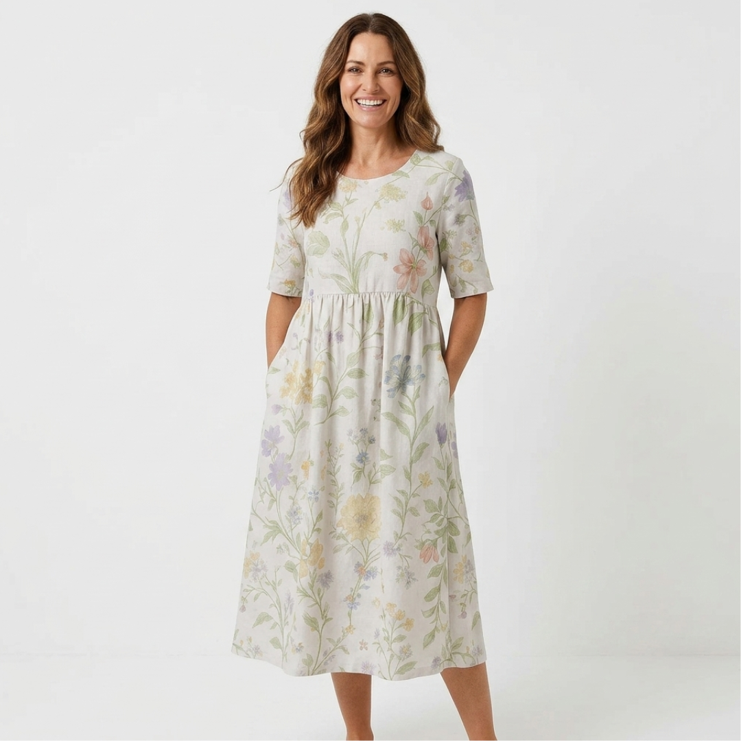 Casual midi dress in pale cream with light green floral print, half sleeves, gathered waist