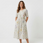 Casual midi dress in pale cream with light green floral print, half sleeves, gathered waist