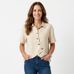 Asymmetric button-front short-sleeve blouse in cream with side-tuck hem