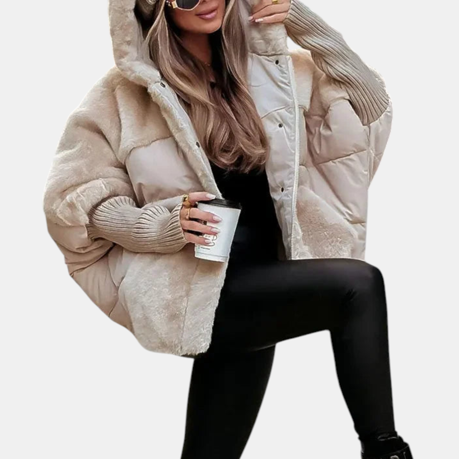 Beige hooded puffer jacket with faux-fur trim and quilted sleeves, ribbed cuff detail