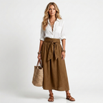 Two-piece set: white button blouse with chest pocket and brown tie-waist midi skirt
