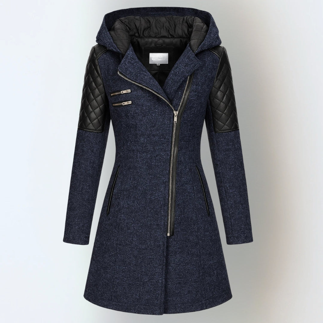 Women’s winter parka coat in navy blue with hood, front zipper, quilted black sleeves
