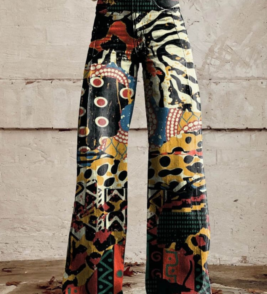 Agatha boho wide-leg pants, multicolor abstract print and elastic waistband