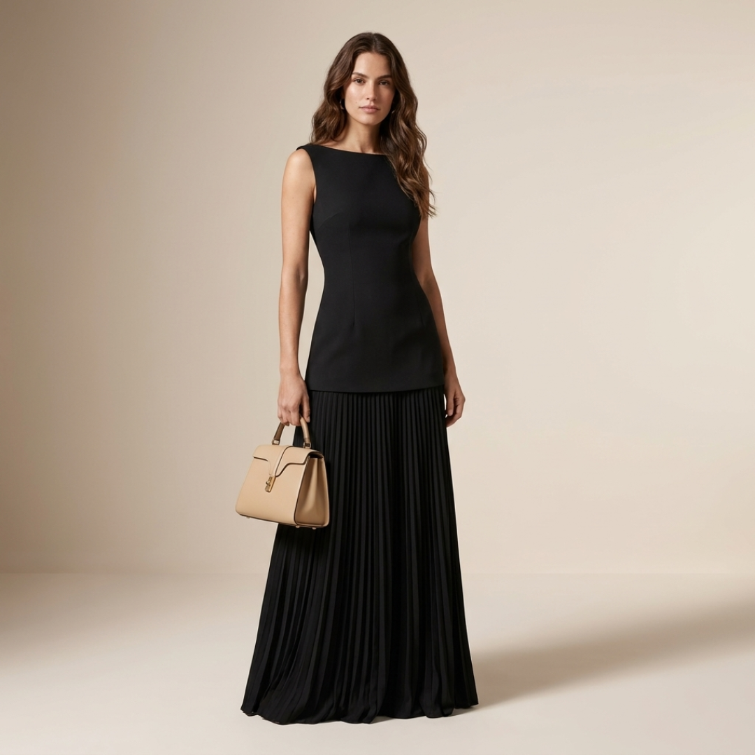 2-piece set with black sleeveless top and black pleated maxi skirt