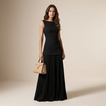 2-piece set with black sleeveless top and black pleated maxi skirt