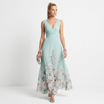 Mint green chiffon floral maxi dress with V-neckline and sleeveless empire waist