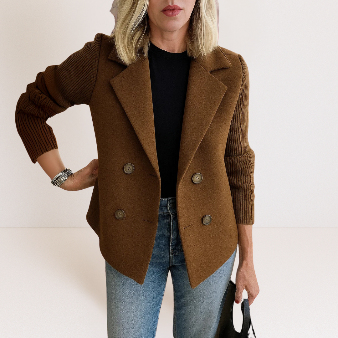 Brown casual blazer with notch lapels, ribbed sleeves, and four-button front
