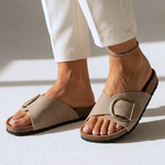 Laura summer sandals, khaki slide with gold buckle and cork-look platform sole