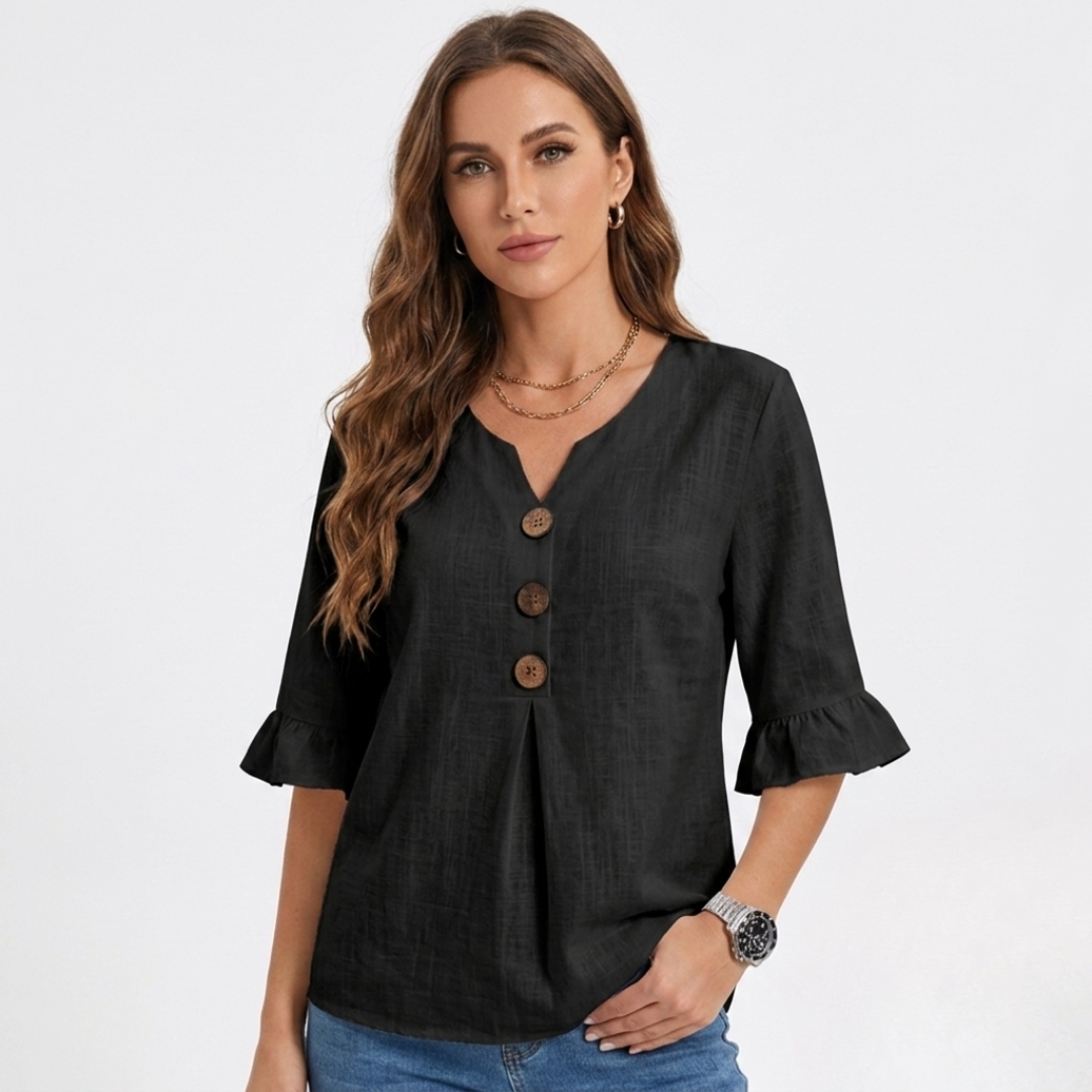 Black linen-look blouse with V-neck, three-button front, and flared 3/4 sleeves