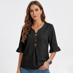 Black linen-look blouse with V-neck, three-button front, and flared 3/4 sleeves