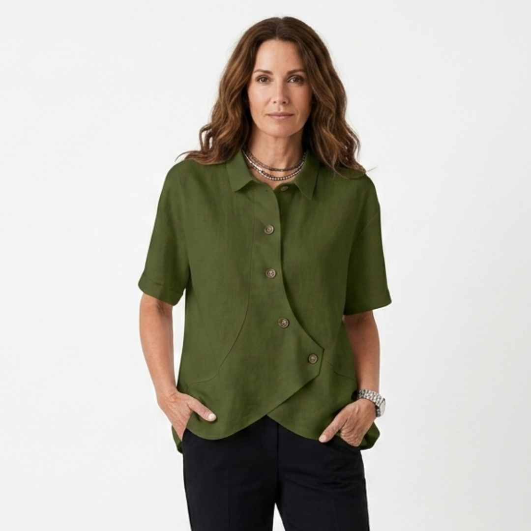 Olive green asymmetric button-up blouse, short sleeves, point collar, curved hem detail