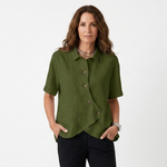 Olive green asymmetric button-up blouse, short sleeves, point collar, curved hem detail