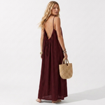 Sleeveless open-back linen summer dress, dark burgundy, adjustable drawstring front