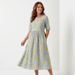 Casual midi dress in light gray with yellow daisy print, half sleeves, gathered waist
