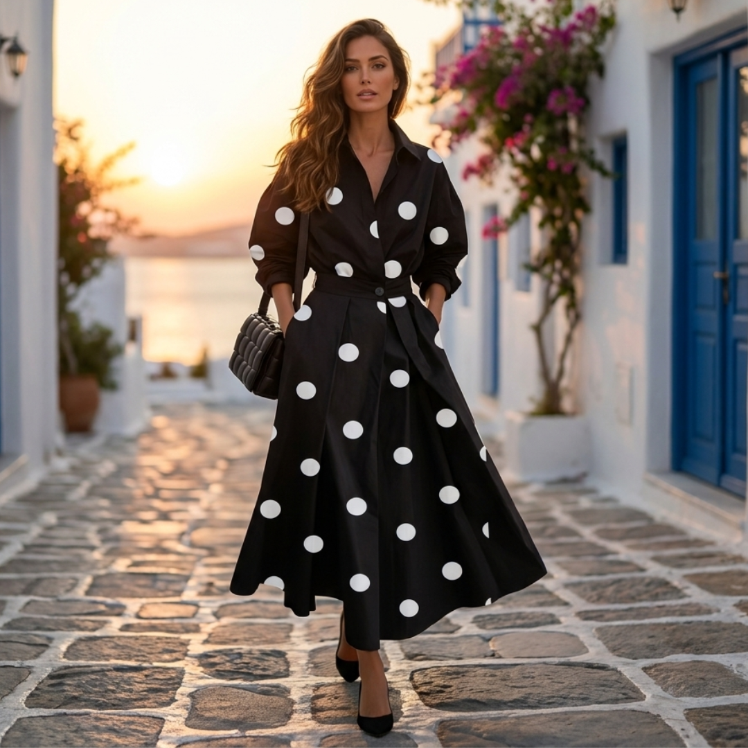 Lana cotton elegant dress with collar, black with white polka dots, belted waist