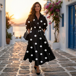 Lana cotton elegant dress with collar, black with white polka dots, belted waist