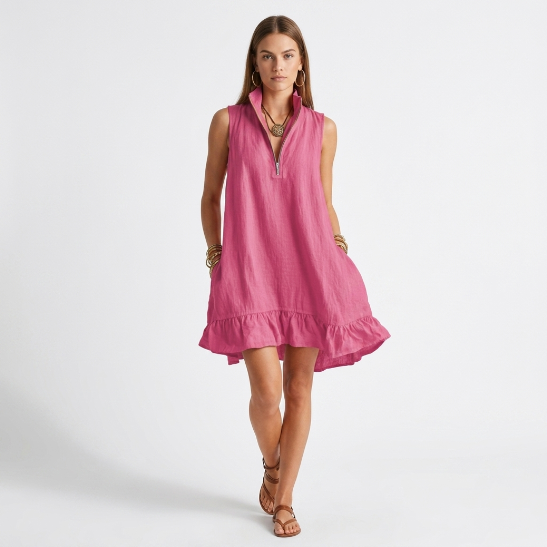 Georgiana short dress, sleeveless pink with quarter-zip neckline and ruffled hem