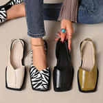 Assorted Emanuela square-toe moccasins: beige, zebra, black, and mustard pairs