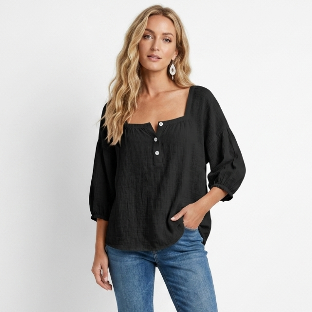 Linen blouse in black with square neckline and button front, loose 3/4 puff sleeves