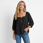 Linen blouse in black with square neckline and button front, loose 3/4 puff sleeves