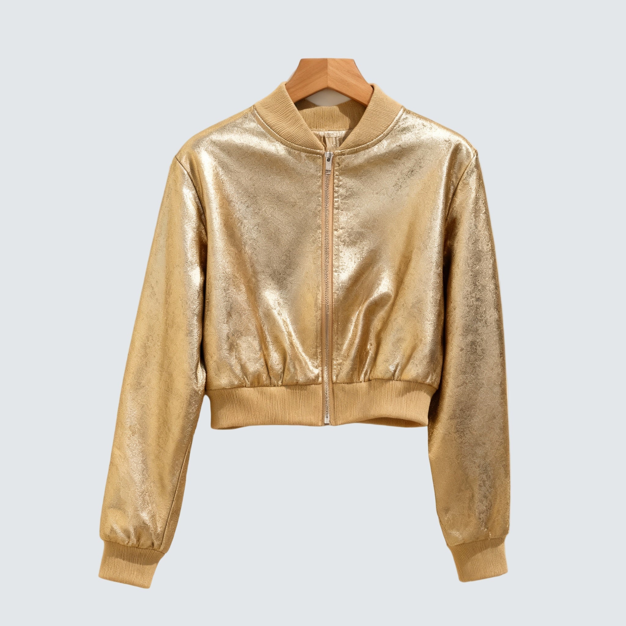 Gold metallic short zip-up jacket with stand collar and ribbed cuffs