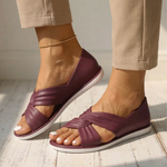 Burgundy orthopedic slide sandals with twisted strap and ankle chain, open toe