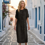 Black midi dress with short sleeves and buttoned front placket