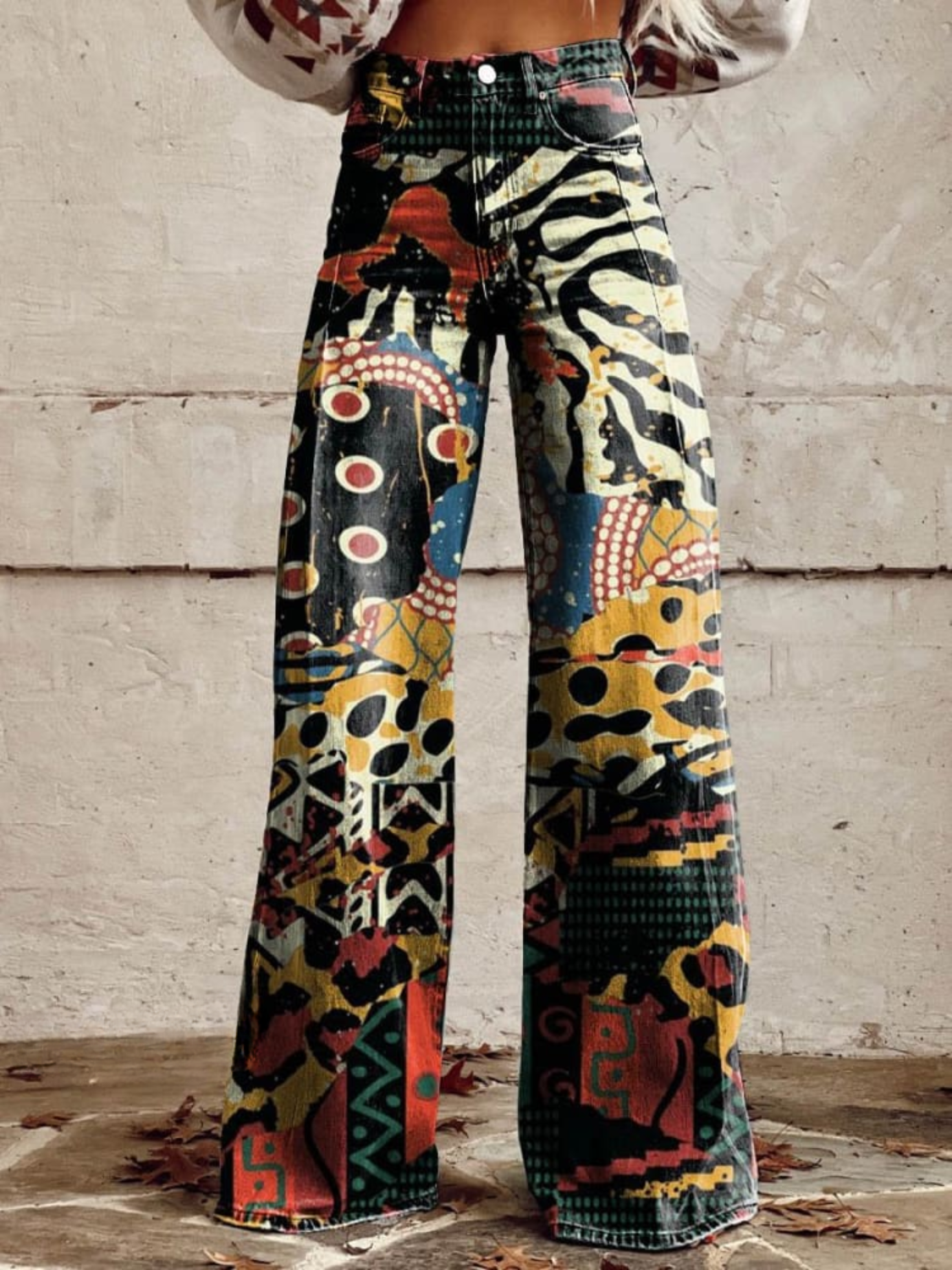 Agatha boho flared pants with colorful geometric pattern and stretchy waistband