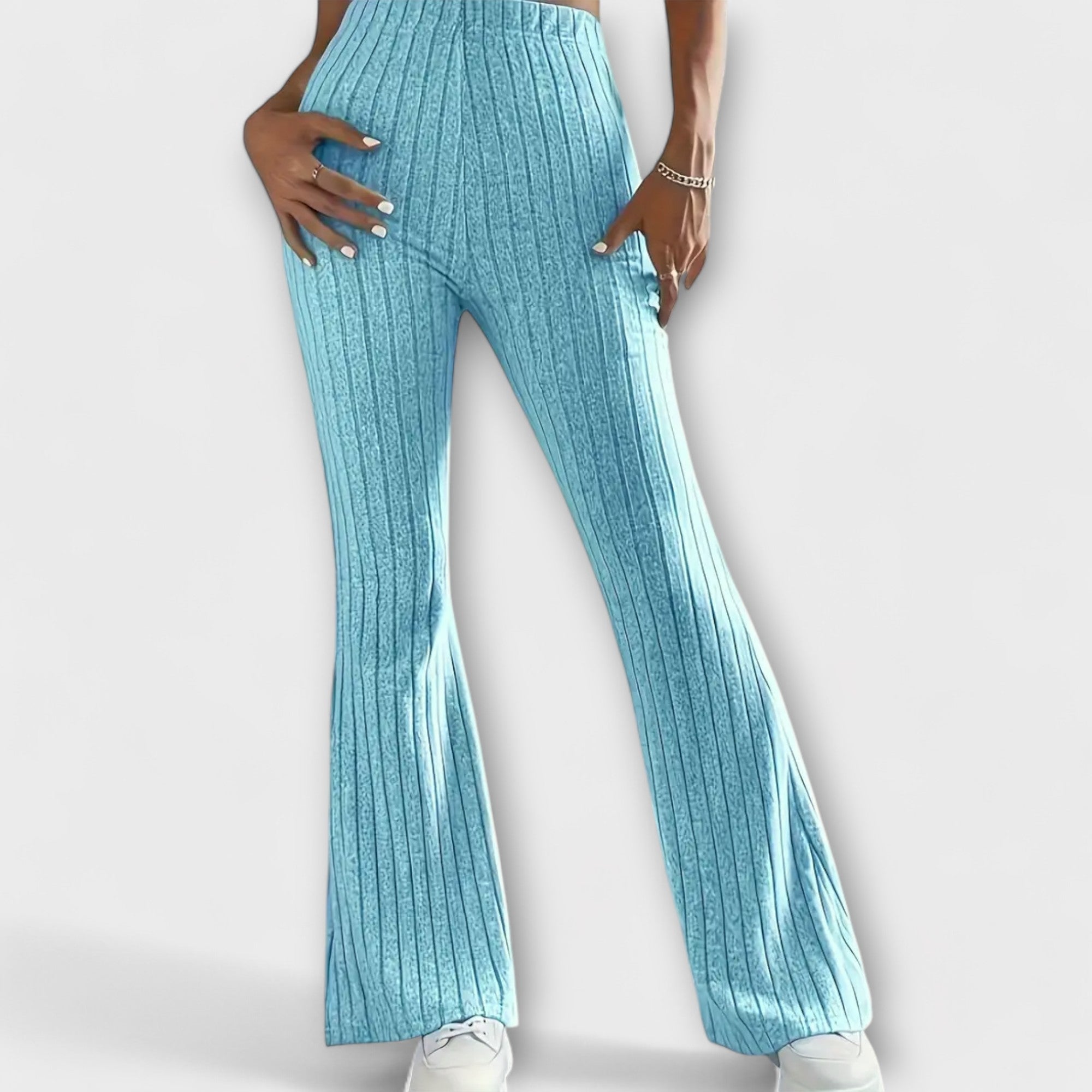 Light blue ribbed knit high-waist flared pants, wide leg with vertical texture