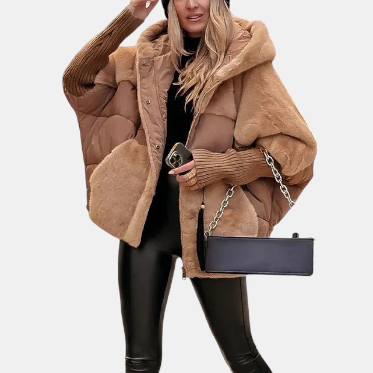 Oversized tan quilted hooded jacket with patchwork panels and ribbed cuffs