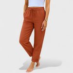 Terracotta elastic linen jogger pants with drawstring waist and cuffed ankles
