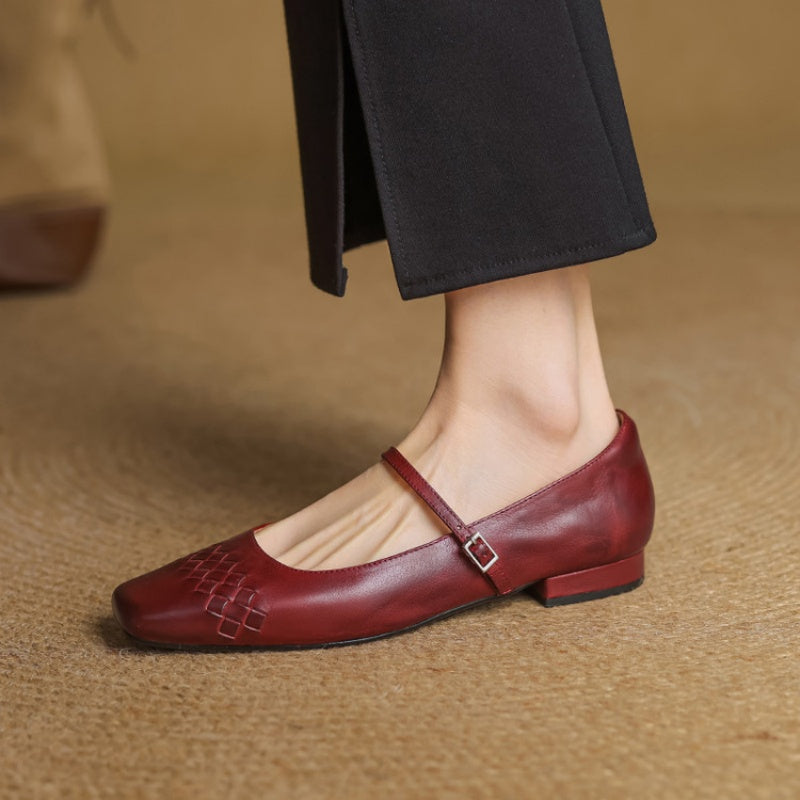 Burgundy Mary Jane flats with square toe and ankle strap, woven lattice upper