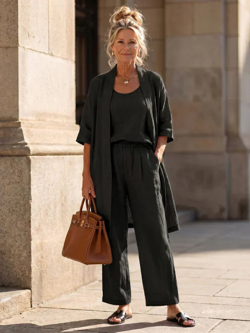 Lightweight lingerie set in black: scoop-neck top, wide-leg pants, short robe
