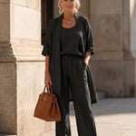 Lightweight lingerie set in black: scoop-neck top, wide-leg pants, short robe