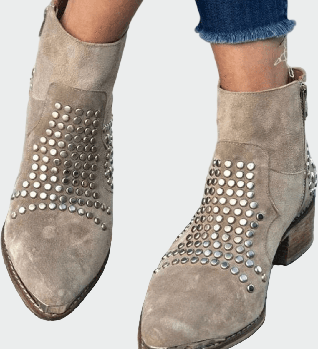 Taupe suede ankle boots with silver studded toe panel and low block heel