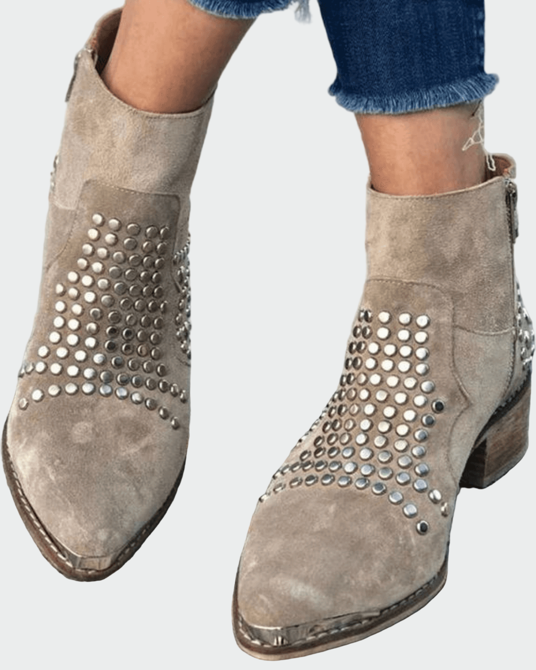 Taupe suede ankle boots with silver studded toe panel and low block heel