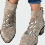 Taupe suede ankle boots with silver studded toe panel and low block heel