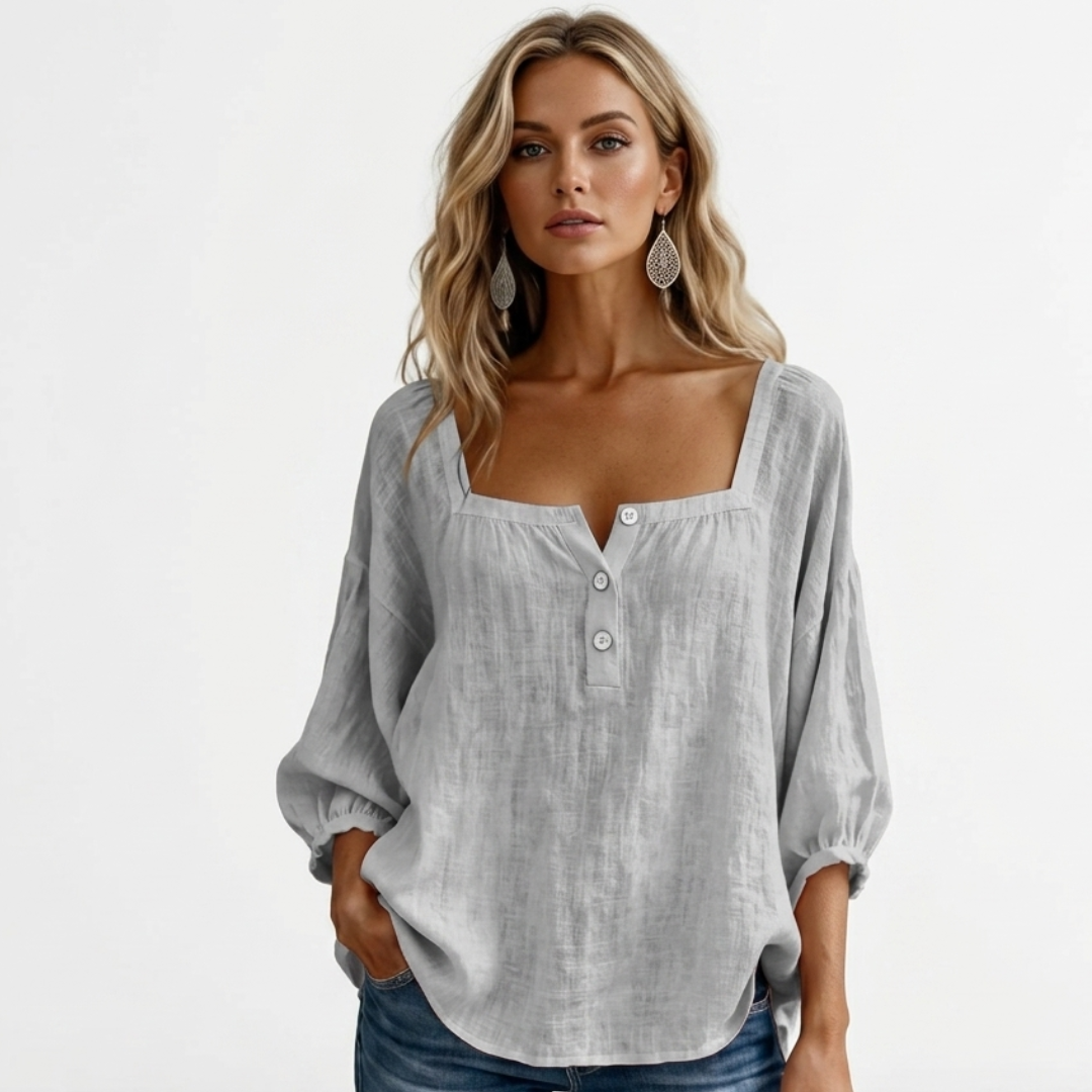 Linen blouse in light gray with square neckline and button front, loose puff sleeves
