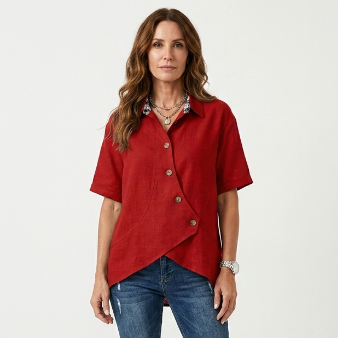 Red asymmetric button-up blouse, short sleeves, point collar, curved hem detail