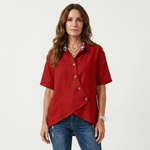 Red asymmetric button-up blouse, short sleeves, point collar, curved hem detail
