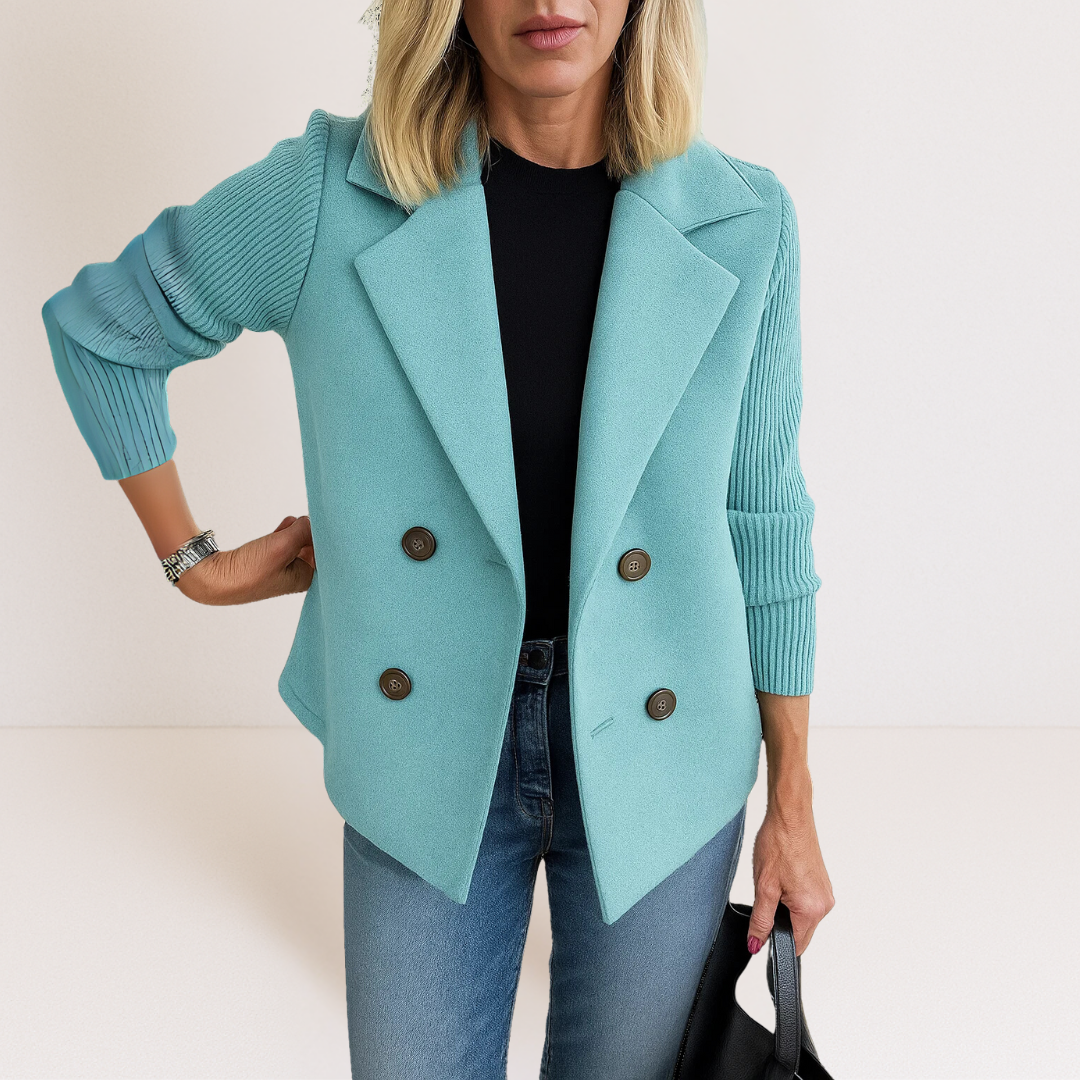 Teal casual blazer with notch lapels, ribbed sleeves, and four-button front