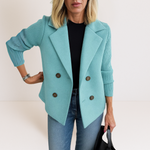 Teal casual blazer with notch lapels, ribbed sleeves, and four-button front