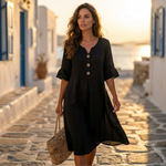 Black linen dress with short puff sleeves and a button-front V-neck