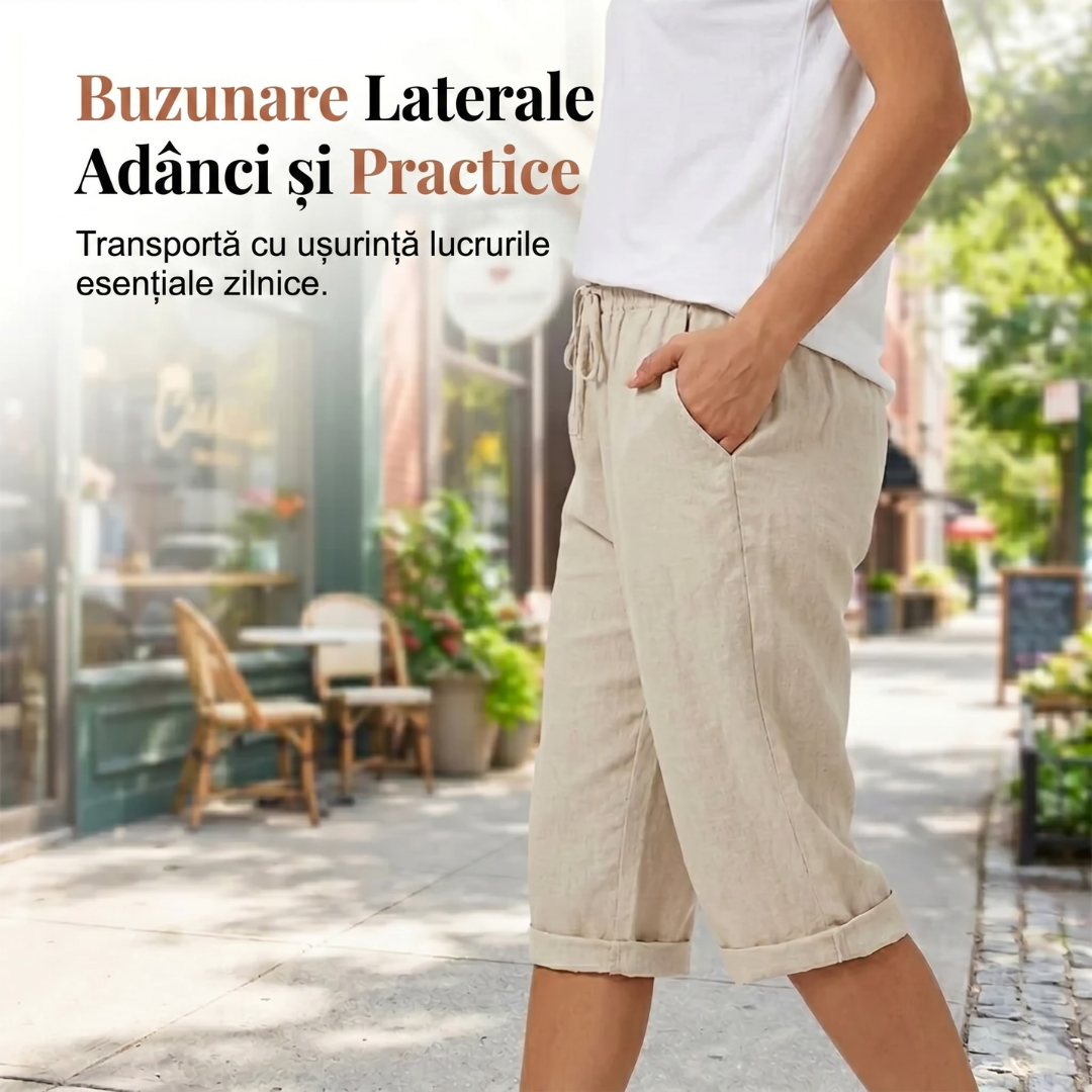 Beatrice cotton drawstring capri shorts, light beige with deep side pockets and cuffed hem
